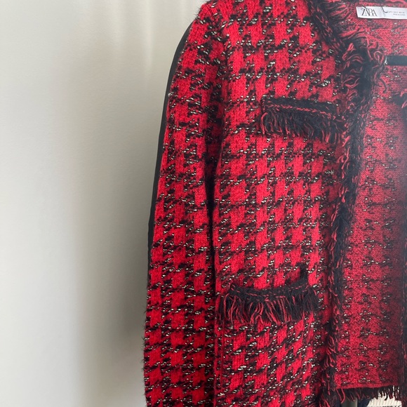 Zara Red Tweed Open Cardigan with Fringe Detail - Picture 4 of 5